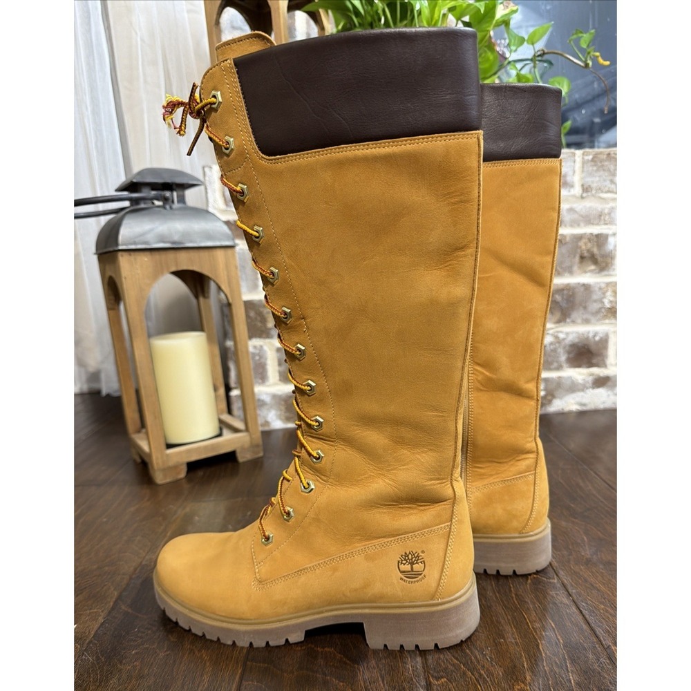 Timberland Women's Tall Lace Up Boots Wheat Tan Leather Size 8.5 - Picture 4 of 16